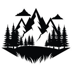 Obraz premium Silhouette Landscape Mountains, Pine Trees, and Clouds Black Vector Illustration Graphic Art