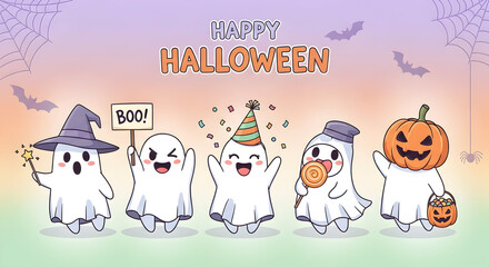Fototapeta premium Cute Cartoon Ghost Kids with Halloween Hats and Pumpkin Treat Bags — “Happy Halloween” Playful Costume Group Illustration