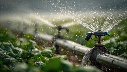 Water sprinklers irrigating a field of plants