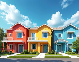 Modern houses feature bright red, yellow, blue facades under clear sky. Contemporary architecture with clean lines, white trim windows, balconies, teal doors. Rich landscaping surrounds suburban