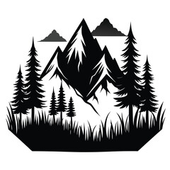 Obraz premium Black Silhouette Landscape Mountains, Trees, Clouds, and Grass Vector Illustration, Nature Graphic