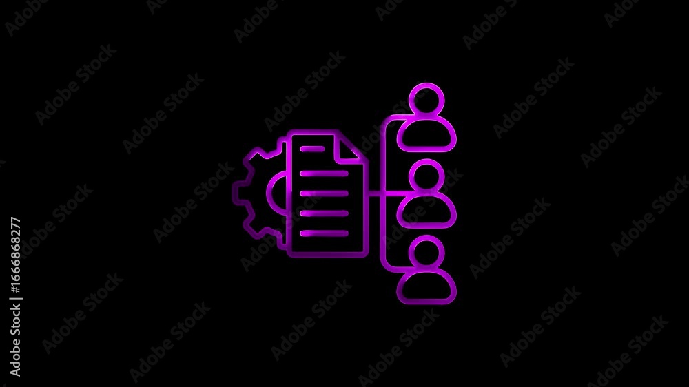 Poster neon icon representing teamwork data processing and collaboration on a black background