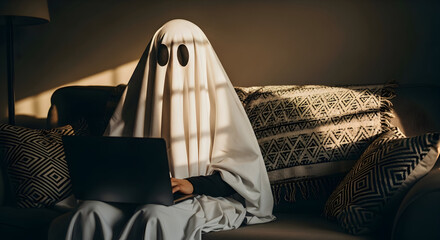 Person Working on Sofa in Ghost Costume — Casual Home Office Halloween Photo with White Sheet Ghost Wearing Sunglasses and Laptop