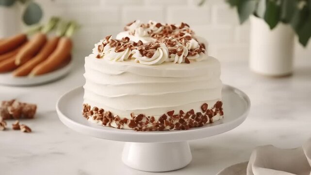 Delicious homemade carrot cake with creamy frosting and toasted nut pieces displayed gracefully