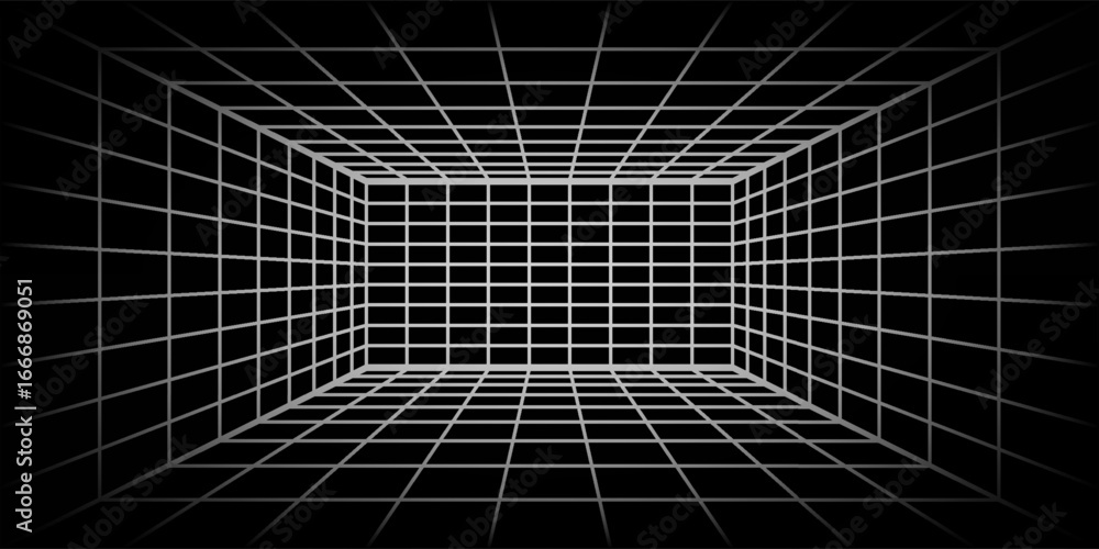 Poster futuristic perspective grid box. abstract wireframe with white grid line on black background.