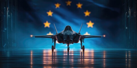Stealth fighter jet, European Union flag backdrop