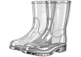 Pair of transparent rain boots, outlined in a technical sketch style, showcasing detailed design elements.