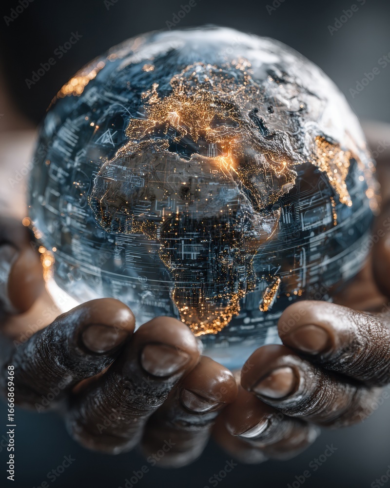 Poster modern professional hands holding digital globe with ai machine learning network premium global tech