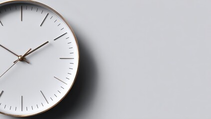 Close-up of a minimalist white clock on a light gray background