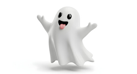 Happy Cartoon Ghost Celebrating &mdash; White Cheerful Ghost Character with Open Arms on White Background, 3D Rendered Playful Halloween Mascot