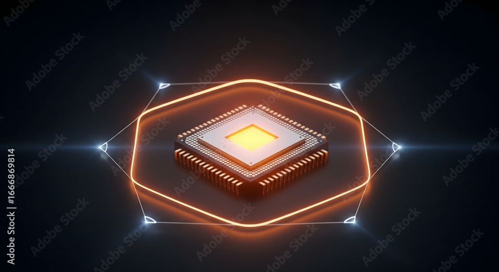 Poster a glowing microchip with an abstract design represents modern technology.