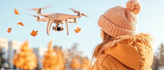 Drone flying over autumn trees with falling leaves viewed from behind a woman outdoors. Exploring networks. High speed data.