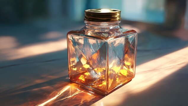 Square glass jar, golden light,  faceted - Powered by Adobe