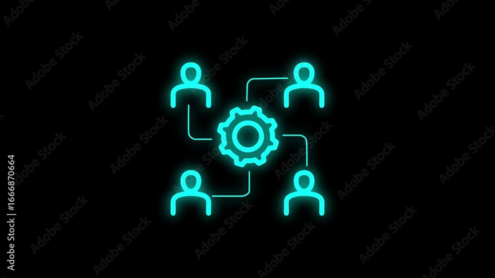 Poster animated neon illustration of teamwork and system process integration on black background