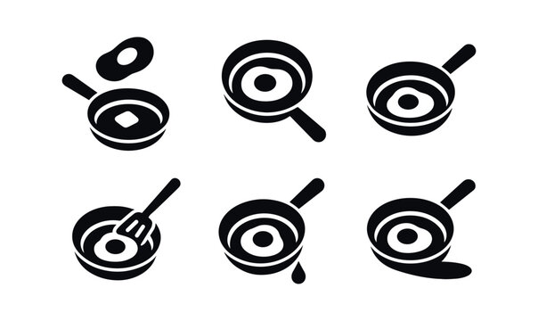 vector solid black filled icons frying pan with egg (over easy): flipped egg butter melt pan edge spatula lift oil droplet shadow smear.
