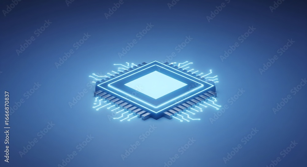 Poster isometric illustration of a glowing computer microchip with a blue background.