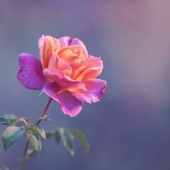 Obraz premium A single, vibrant rose, tinged with soft orange and vibrant purple, blooms against a muted, pastel background. Soft light highlights the delicate petals and stem