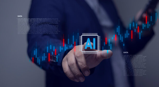 A professional businessman touches a holographic AI icon and a glowing financial chart with a finger, symbolizing data analysis, business strategy, and technological innovation. - Powered by Adobe