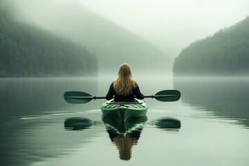 Woman kayaking on a serene, misty lake surrounded by lush green forests.