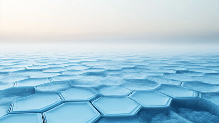 Naklejka premium Minimal icy blue hexagonal terrain with misty horizon, serene geometry