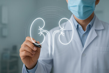 A doctor in a medical mask using a stylus to draw a futuristic, glowing diagram of a human kidney on a transparent screen