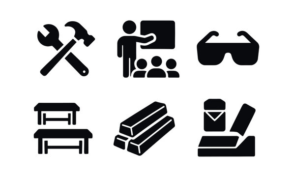 vector solid black filled icons vocational training (workshop): tools instructor students benches safety glasses materials.