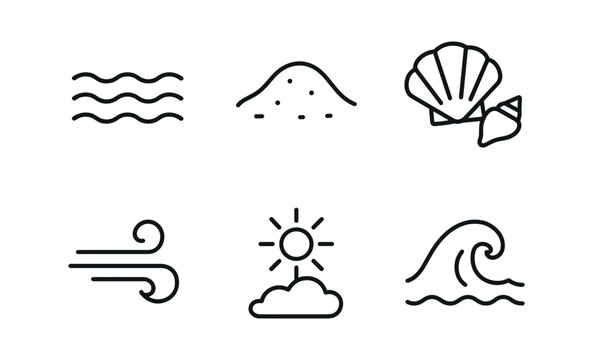 vector outline icons mild season (coastal): calm sea warm sand seashells light wind clear sky gentle surf.