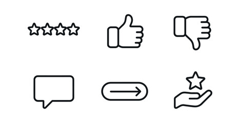 vector outline icons customer support chat (feedback prompt): star rating thumbs up thumbs down comment box submit button thank you icon.