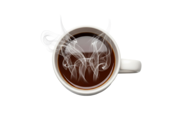 A steaming cup of coffee, appearing to have devilish horns formed from the steam, is presented against a stark black backdrop.