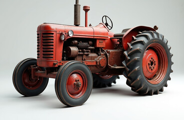 Obraz premium Vintage red tractor isolated on white background. Old-fashioned agricultural machinery with large wheels and rustic, rust-eaten metal body. Ideal for models, toys, or farming history themes.
