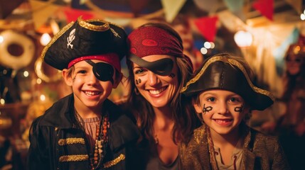 A happy mother and her two young sons smile in creative pirate costumes. The family enjoys a themed birthday party or Halloween celebration with festive, warm lighting and decorations