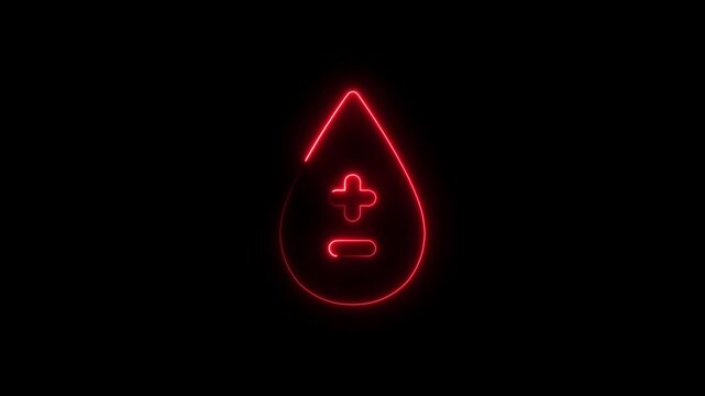 Red neon blood type positive and negative symbol on black background