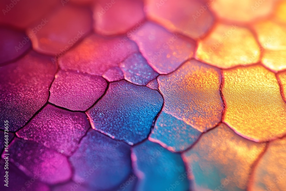 Poster abstract macro background with a vibrant, iridescent polygonal texture showcasing a beautiful gradie