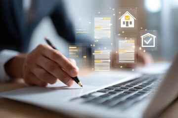 Close-up of person working on a laptop, with documents and house icons overlayed