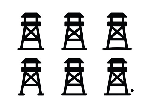 vector solid black filled icons forest lookout tower (wooden beams): beam joints notches shadow smear light rim ground posts accent dot.