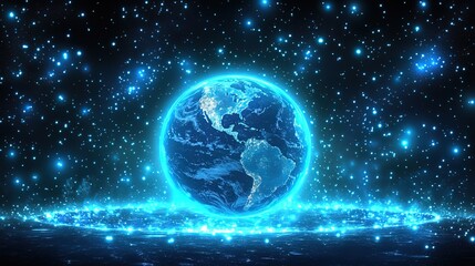 Glowing Earth Surrounded by Star - like Particles in Cosmic Space