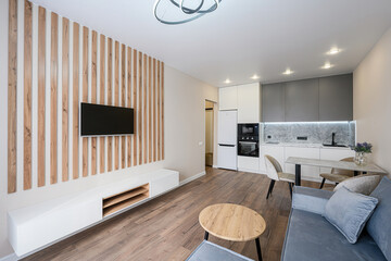 Modern apartment interior with wood slat wall, TV, white cabinets, and a comfortable sofa. Clean,...