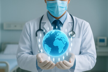 Global medical and healthcare network concept with a doctor holding a glowing globe surrounded by a network of diverse human figures or people icons