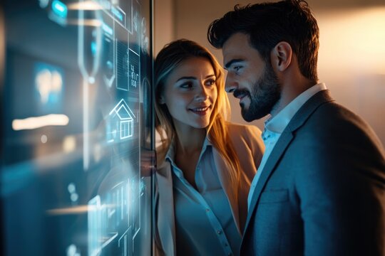 A man and woman collaborate, examining a futuristic smart home interface on a large interactive screen.