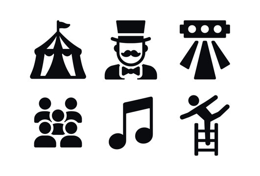 vector solid black filled icons ladder acrobatics (circus): striped tent ringmaster bright lights crowd music balancing act.