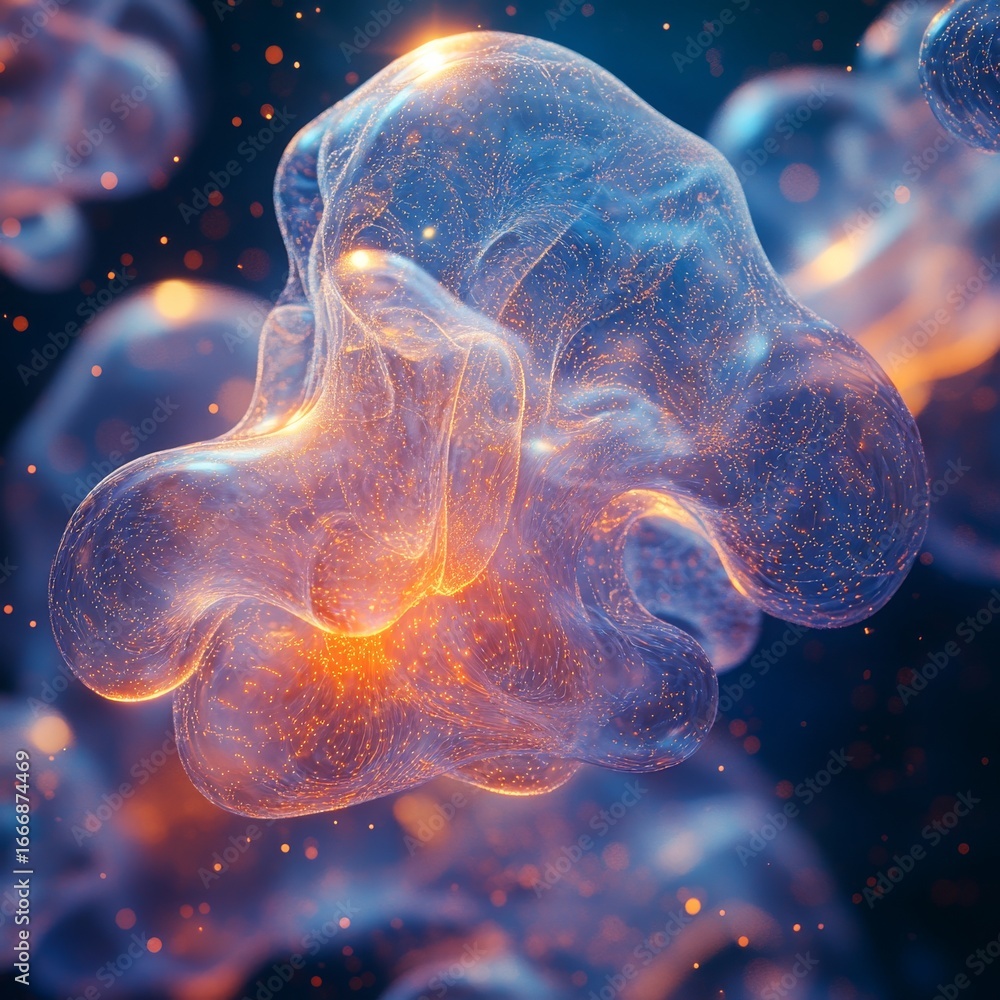 Poster luminous abstract cellular structures: dynamic bioluminescent forms with glowing energy particles an