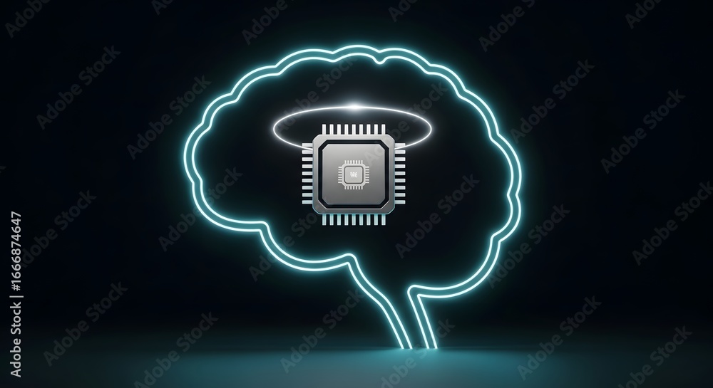 Poster illustration of a glowing brain outline with a computer chip, representing artificial intelligence.