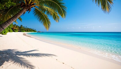 Naklejka premium Tropical Beach Paradise with Palm Trees and Turquoise Water.