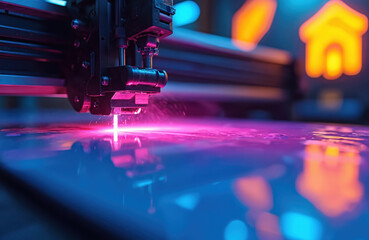 Futuristic UV epoxy ink printing technology in action. Precision robotic arm applies glowing ink onto surface, high-tech industrial automation. Advanced digital printing for durable, sleek, efficient