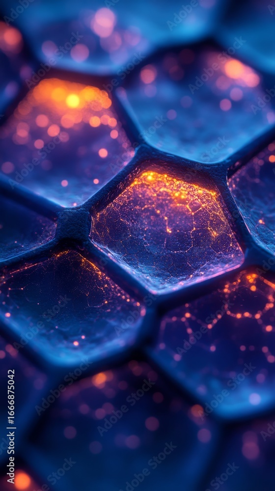 Poster vibrant hexagonal nexus: a deep blue canvas illuminated by pulsating orange energy and intricate bio