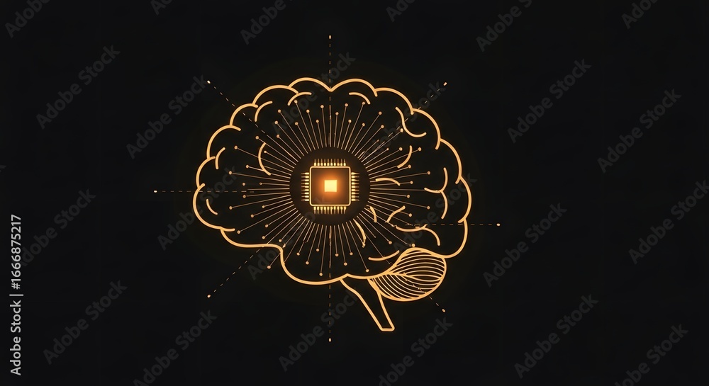 Poster digital illustration of a brain and a processor representing artificial intelligence.