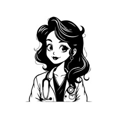 Monochrome line illustration of a young medical professional conveying care and dedication through