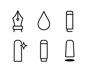 vector outline icons fountain pen (close up): nib ink drop pen barrel shiny clip cap shadow.
