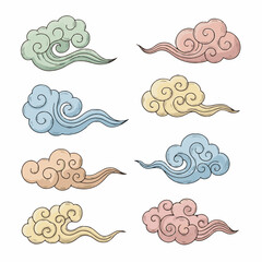Set of hand-drawn traditional Chinese auspicious clouds. Oriental Asian cultural symbols, decorative design elements for national celebrations and prosperity.