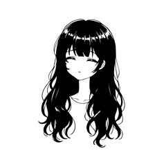 Monochrome manga character illustration with flowing hair and expressive eyes conveying a sense of
